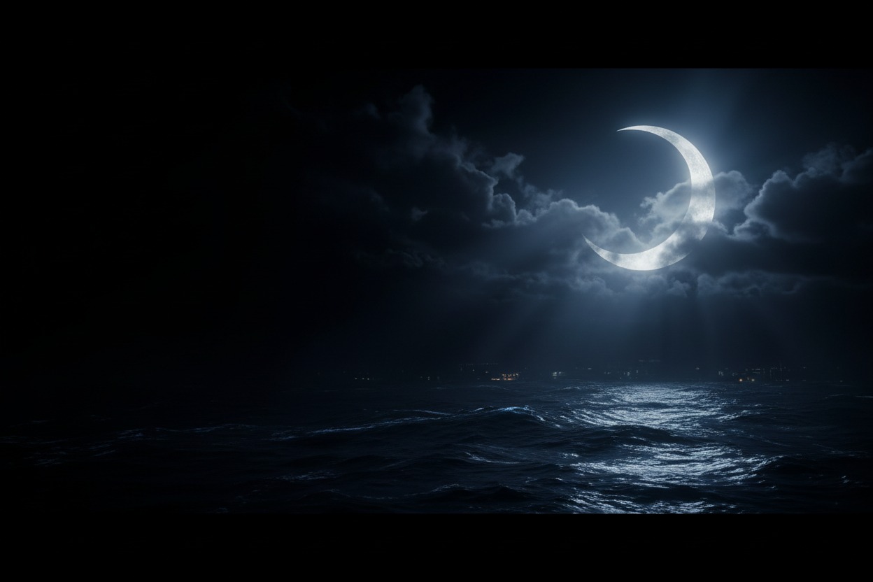 A bright crescent moon shines through dark clouds above a calm, dark sea with faint city lights on the distant horizon.